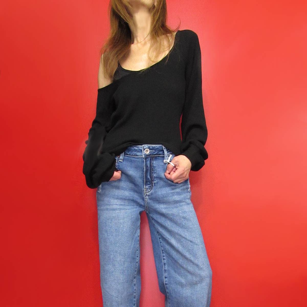 Tops891 Balloon Sleeve Off-Shoulder Top/Black