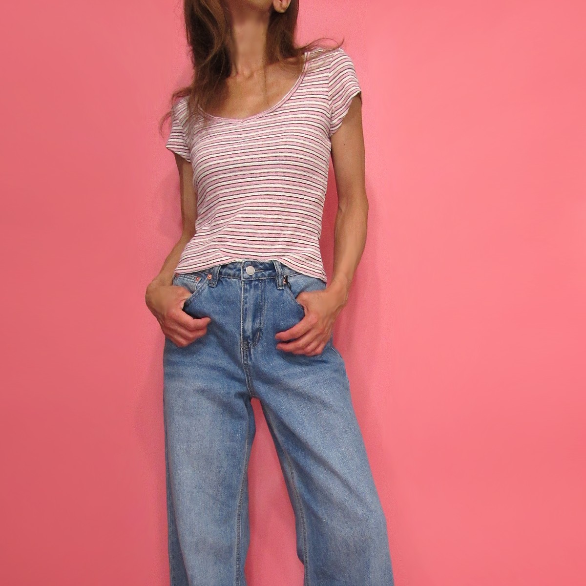 Tops893 Cap Sleeve Sweetheart Neck Stripe Texture Top/Pink