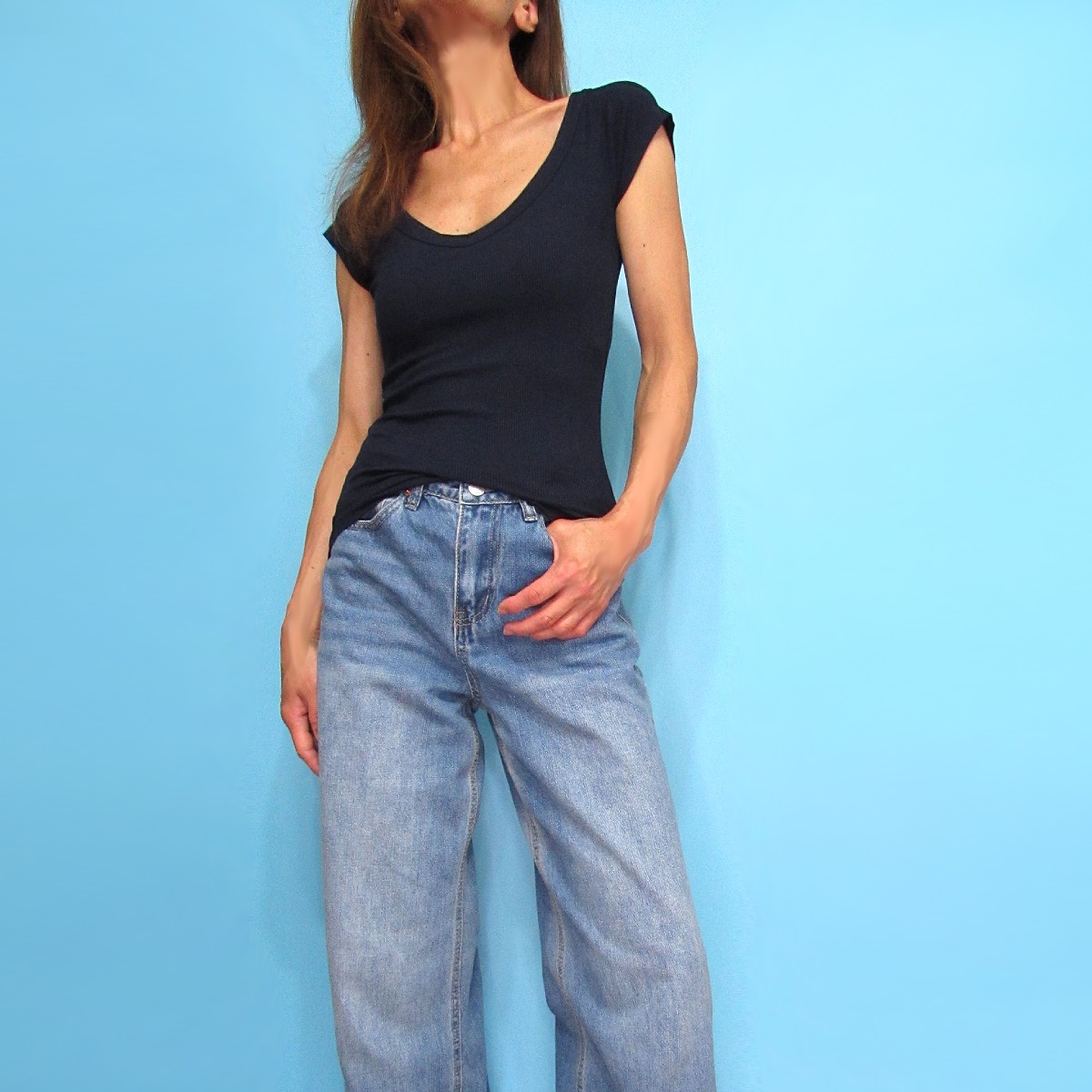 Tops897 Cap Sleeve Wide Double V-Neck T/Navy