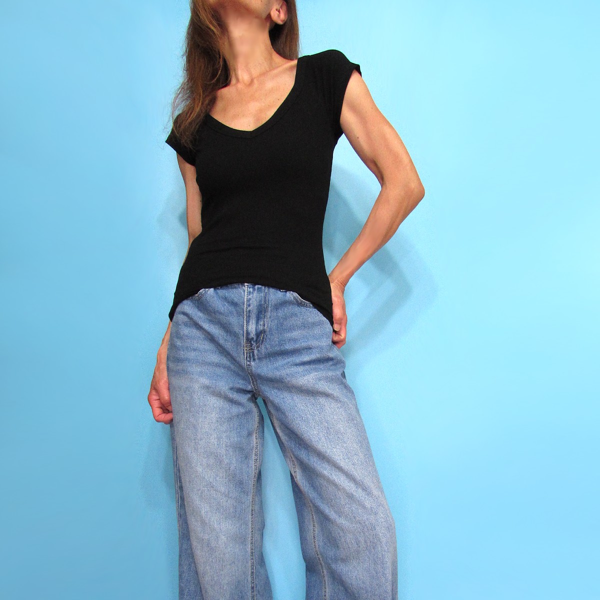 Tops898 Cap Sleeve Wide Double V-Neck T/Black