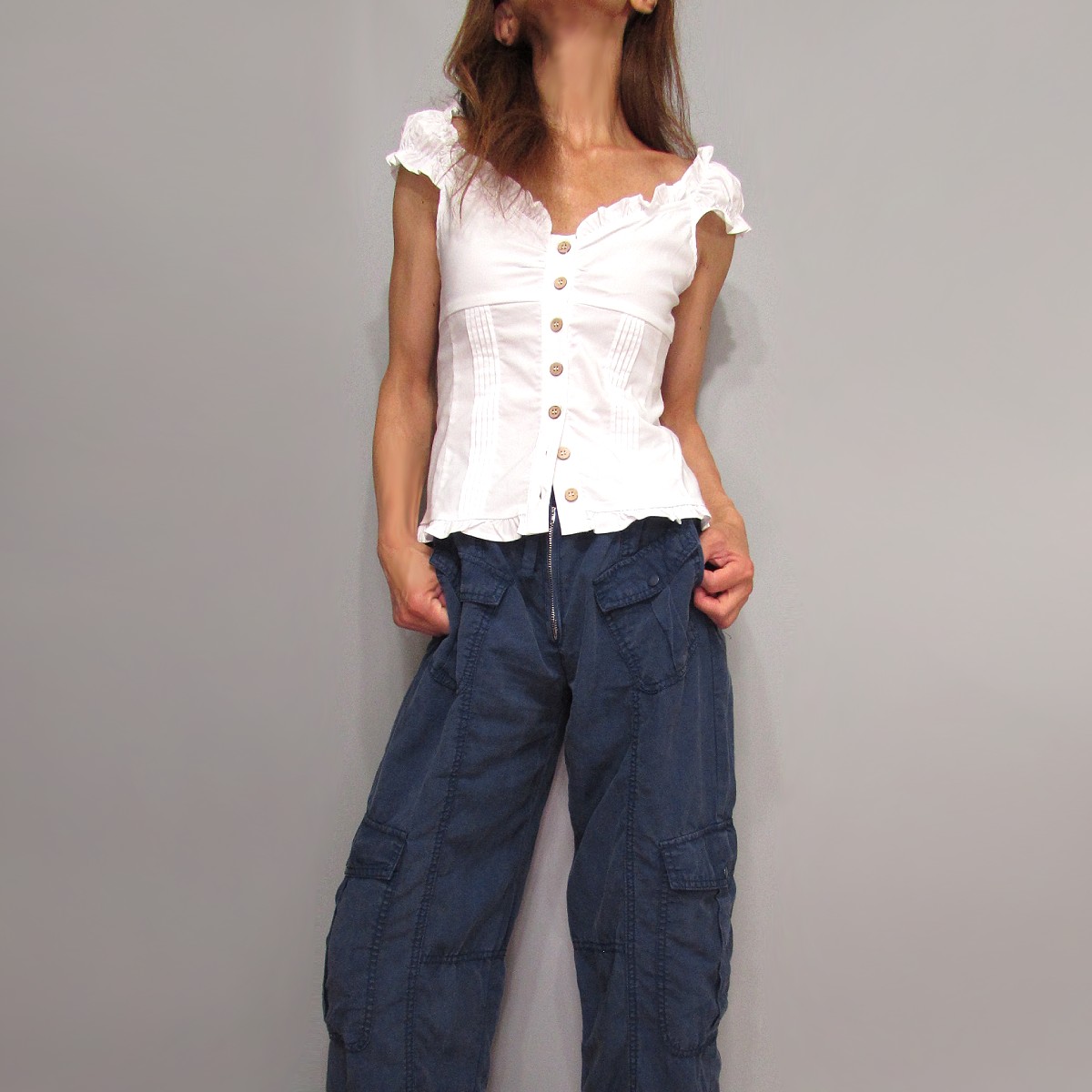 Tops899 Sweetheart Neck Pintuck Detail Button Down Shirt/White