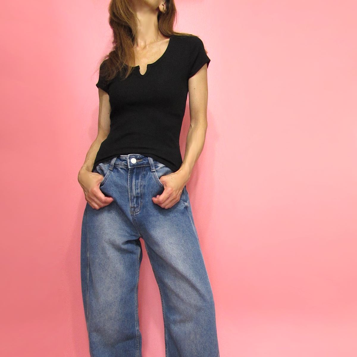 Tops901 Notch Scoop Neck Cotton Rib Top/Black